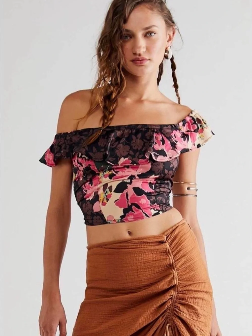 NEW Free‎ People off the shoulder mini top  Floral print crop top, L,